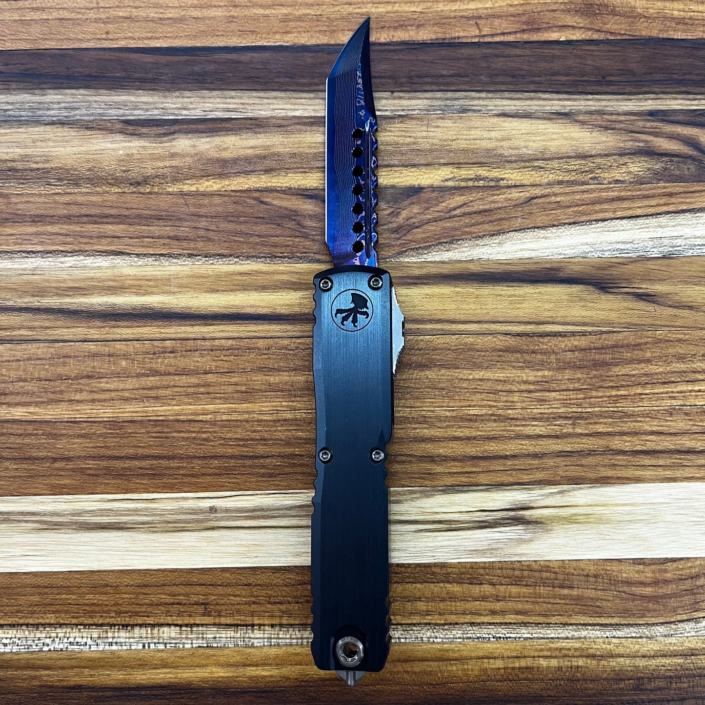 Microtech Ultratech Gen III Hellhound 4" OTF Marfione Select Blued Baker Forge Coppermai Damascus w/ Blue Titanium Accent