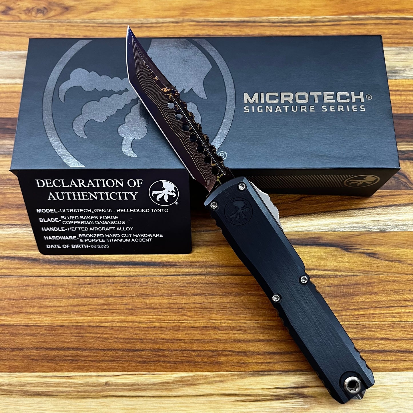 Microtech Ultratech Gen III Hellhound 4" OTF Marfione Select Blued Baker Forge Coppermai Damascus w/ Purple Titanium Accent