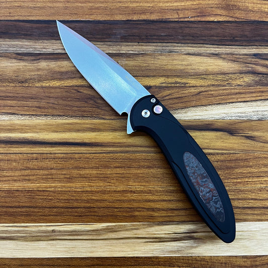 Pro-Tech *Limited Edition* Cambria Flipper 3.5" Folding Knife w/ Black Lip Pearl on Black Aluminum & TechnoCarbo Red Inlay