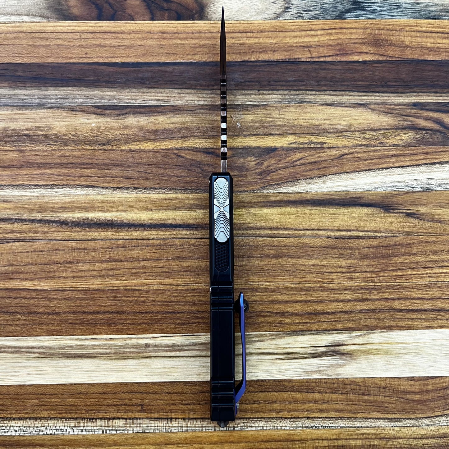Microtech Ultratech Gen III Hellhound 4" OTF Marfione Select Blued Baker Forge Coppermai Damascus w/ Purple Titanium Accent