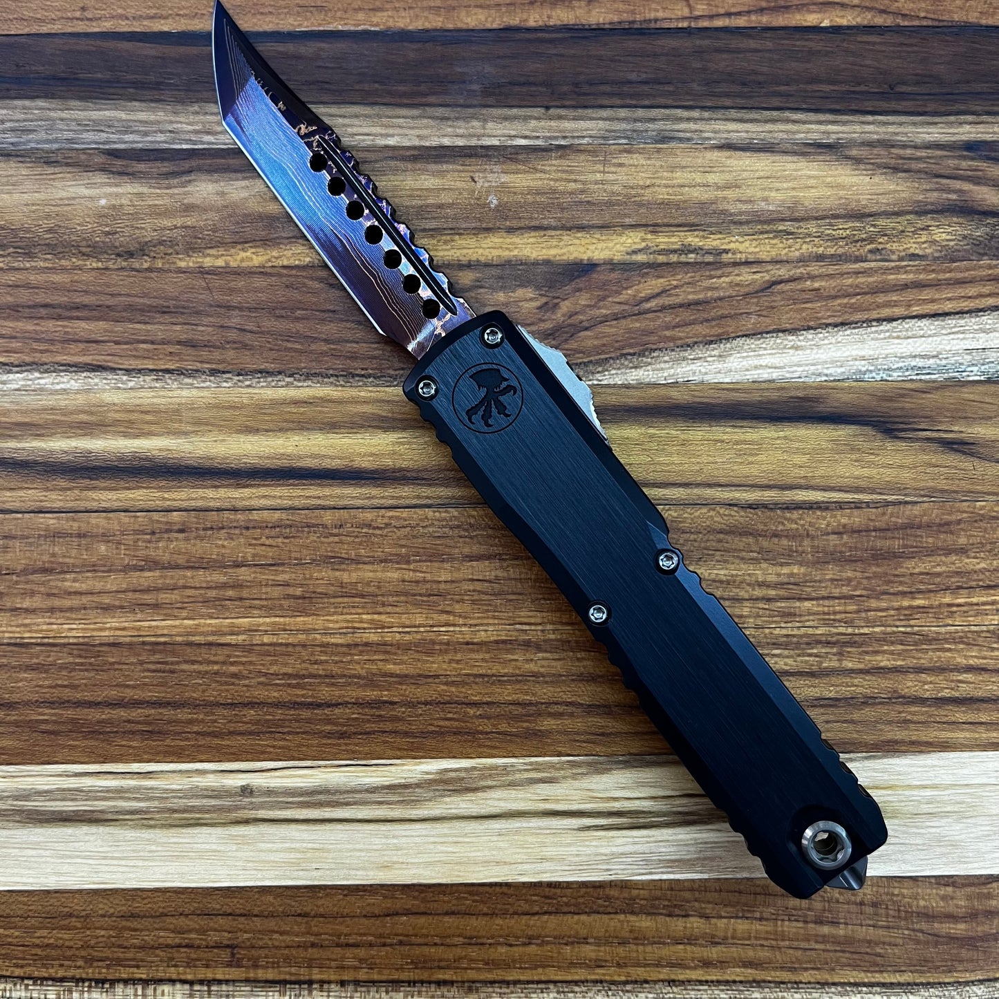 Microtech Ultratech Gen III Hellhound 4" OTF Marfione Select Blued Baker Forge Coppermai Damascus w/ Purple Titanium Accent