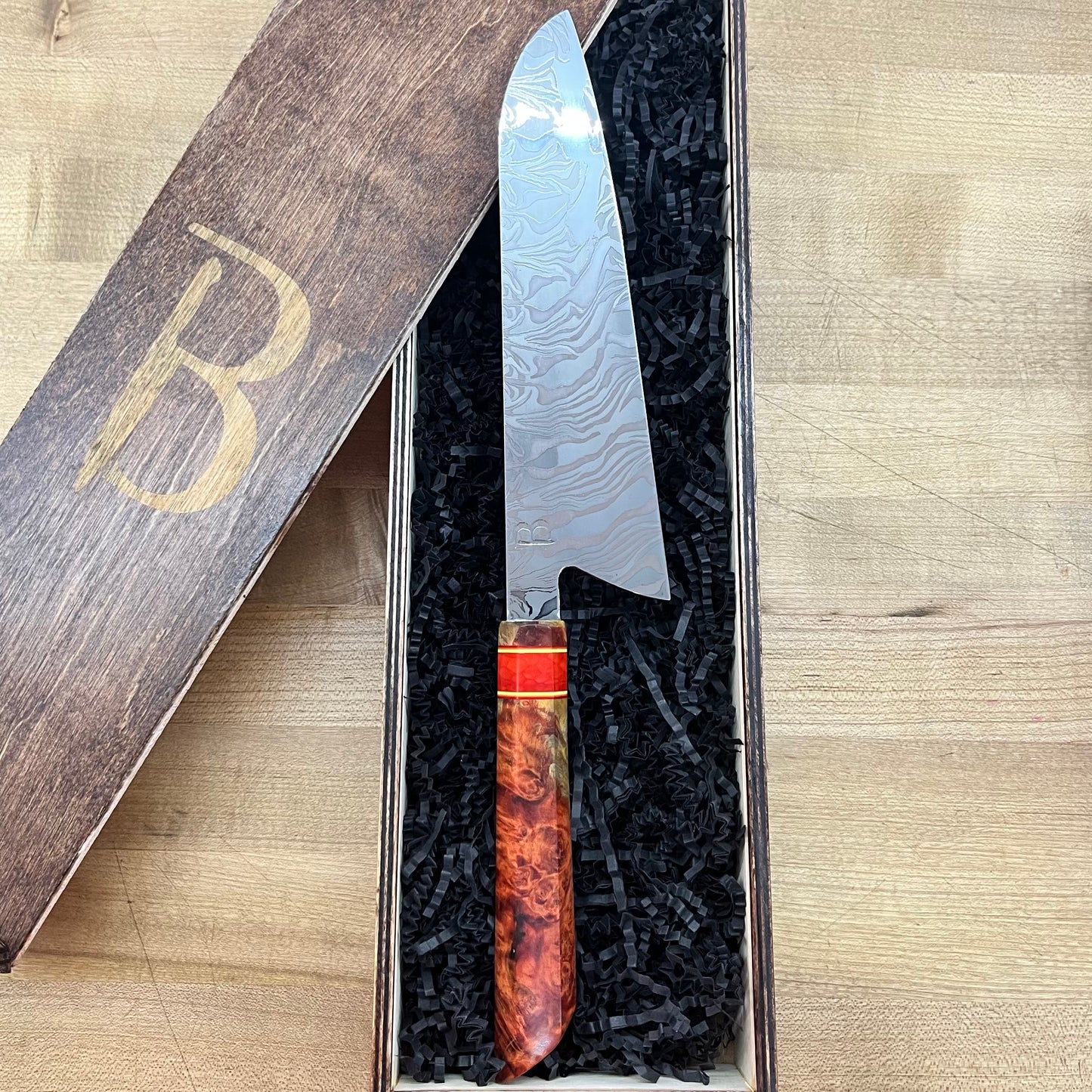 Baldwin Blades 210mm (8.25") Gyuto w/ Red & Orange Maple Burl Handle
