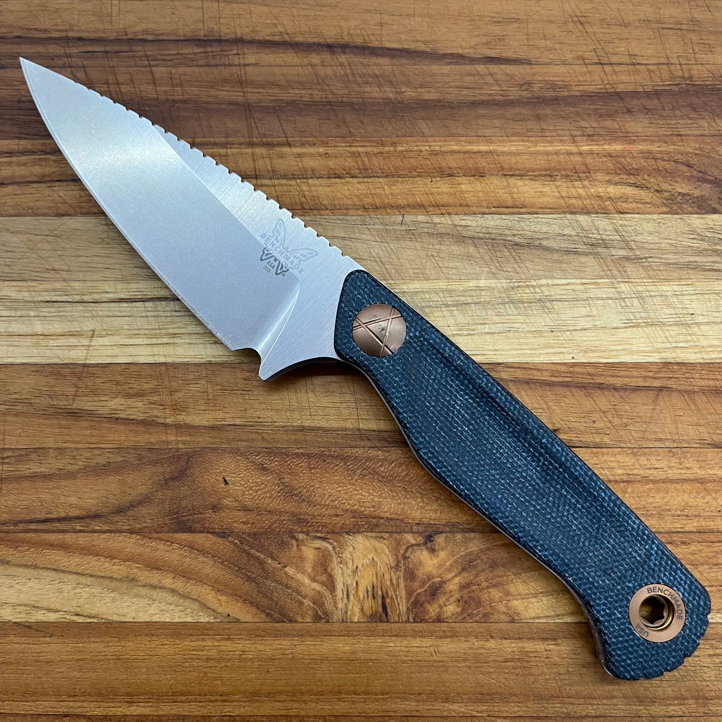 Benchmade Dacian 3.25" Fixed Blade w/ Blue Denim Micarta Handle & Brown Leather/Black Boltaron Sheath