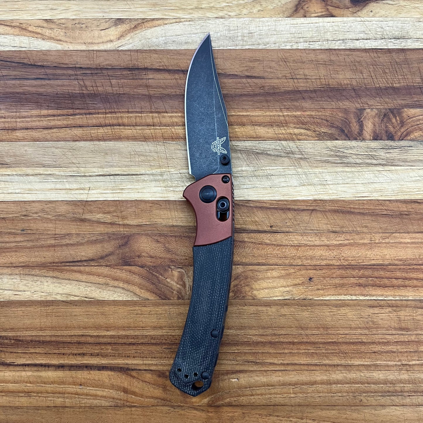 Benchmade Mini Crooked River 3.5" Folding Knife w/ Burnt Copper Aluminum & Black Canvas Micarta Handle