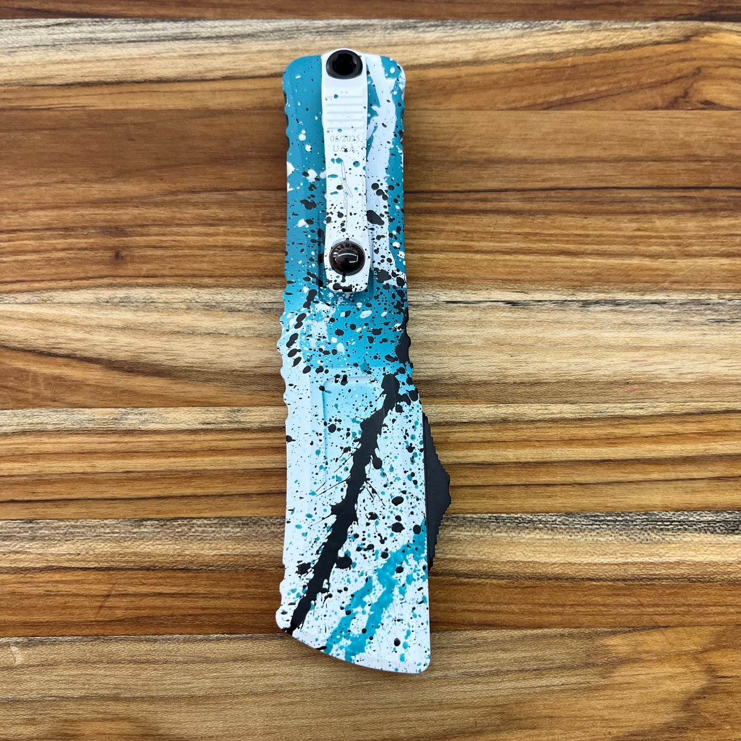 Microtech Combat Troodon Gen III S/E 4" OTF w/ Turquoise/White Black Splatter Aluminum Handle