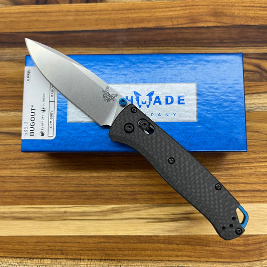 Benchmade Bugout 3.25" Folding Knife w/ Carbon Fiber Handle & Blue Accents