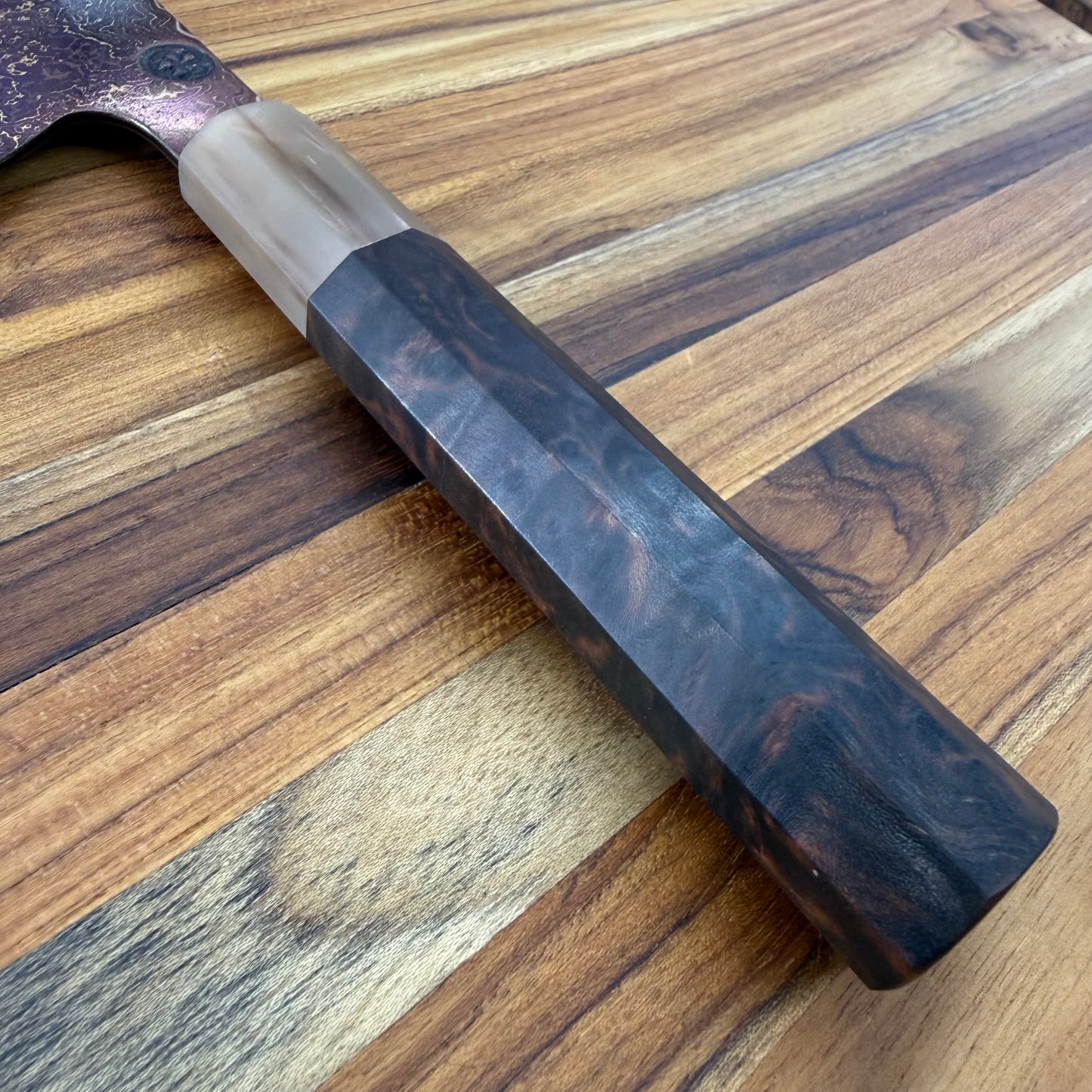 Tung Dao Custom 216mm (8.5") Nakiri w/ Gold & Red Coppermai Damascus & Kháo Burl Wa Handle
