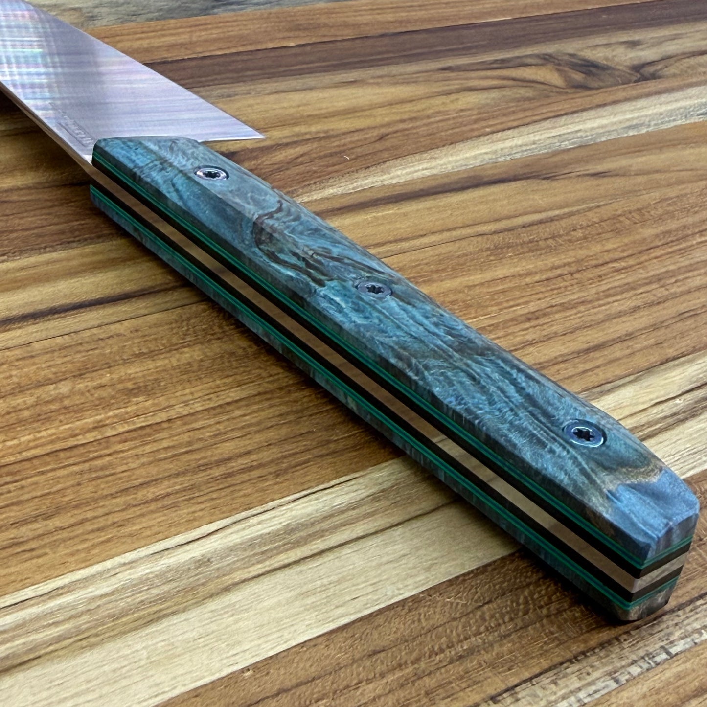 Meglio Blade Show Semi-Custom 5.25" Satin Petty w/ Turquoise Maple Burl Handle