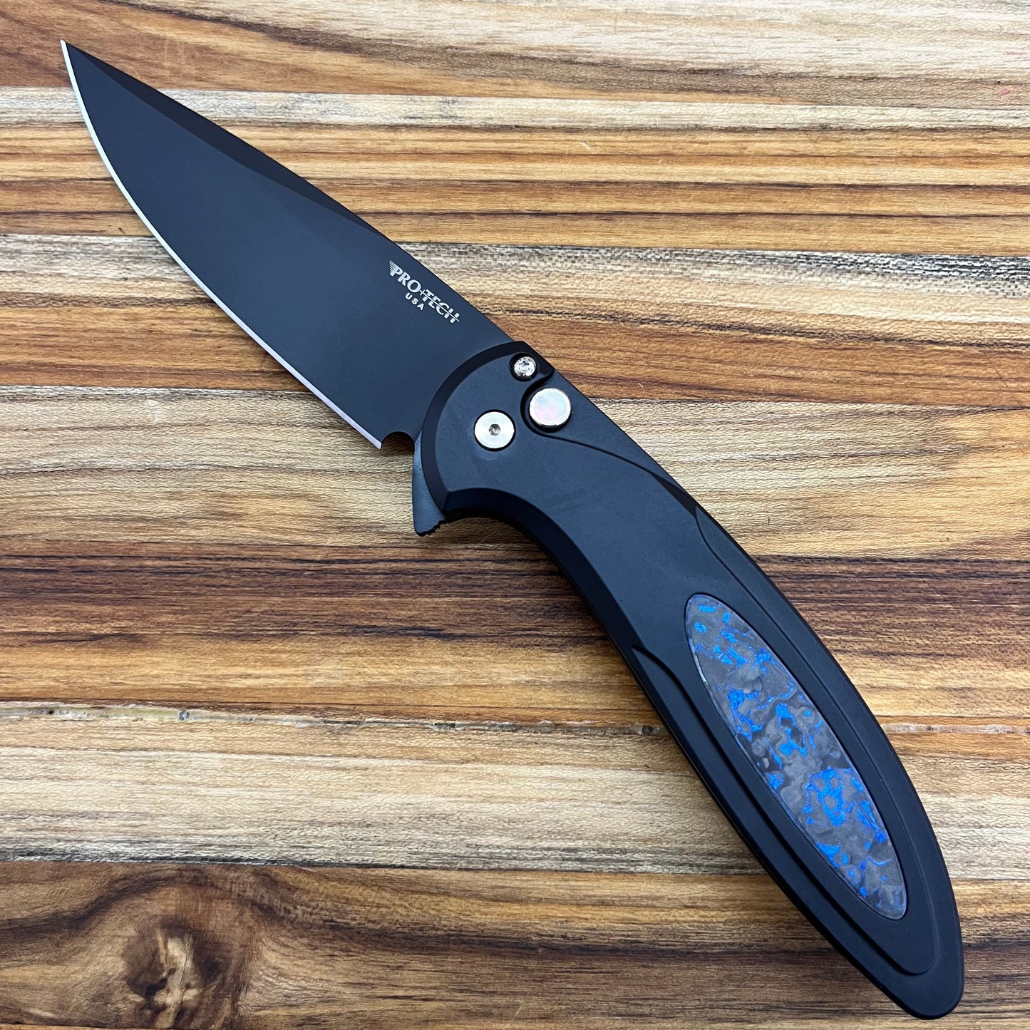 Pro-Tech *Limited Edition* Cambria Flipper 3.5" Folding Knife w/ Black Lip Pearl on Black Aluminum & TechnoCarbo Blue Inlay
