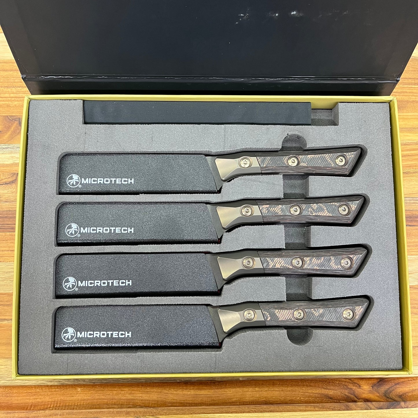 Microtech Signature Series Culinary 4pc DLC Steak Knife Set w/ Bronze Titanium Bolster & Livewire Carbon Fiber Handle