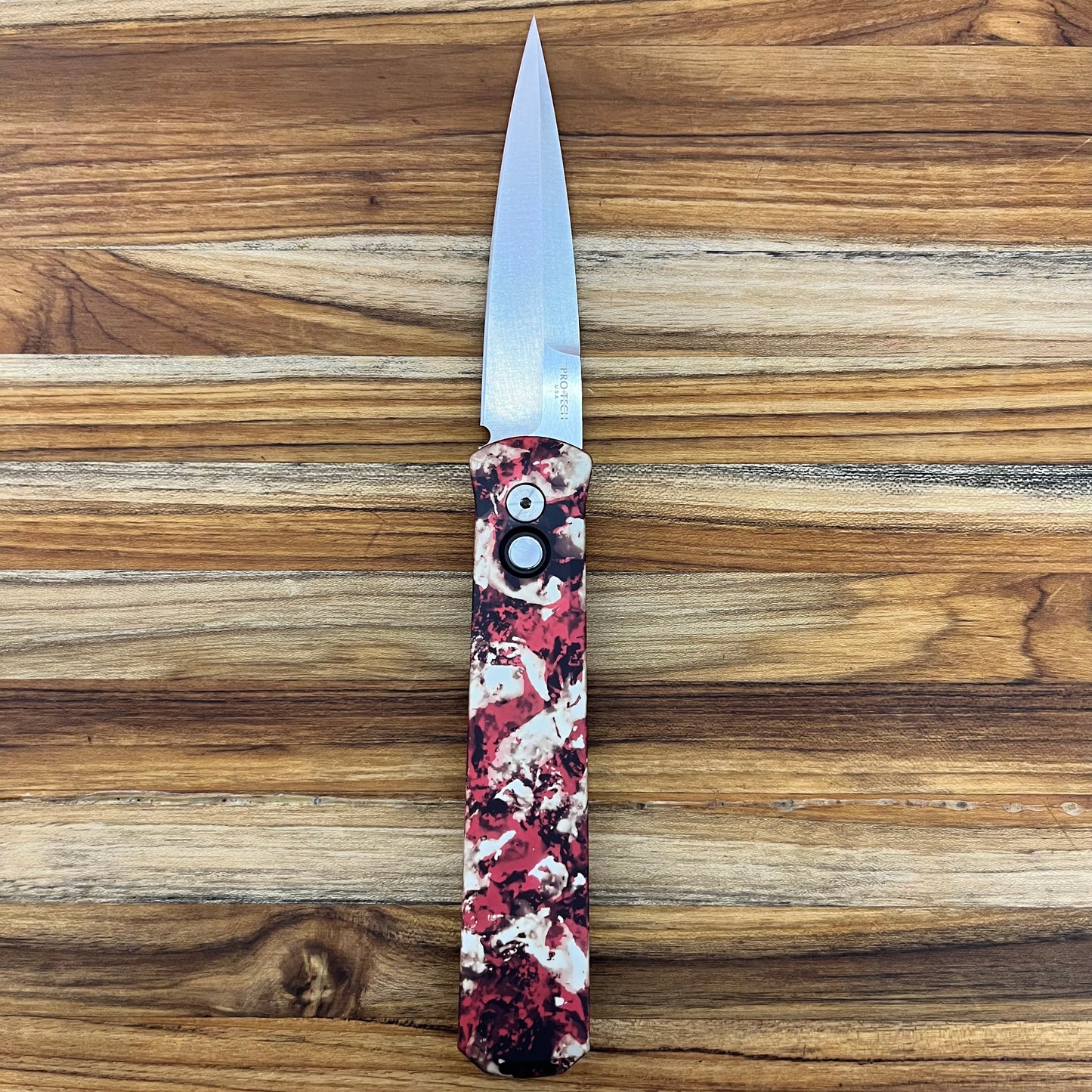 Pro-Tech Godfather 4" Auto w/ Crimson Tiger Camo Aluminum Handle & Pearl Button