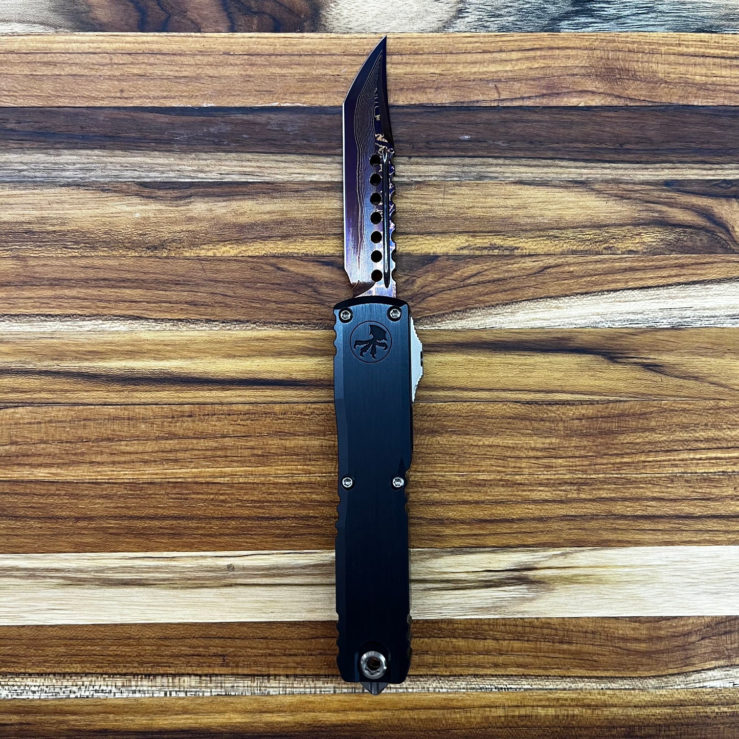 Microtech Ultratech Gen III Hellhound 4" OTF Marfione Select Blued Baker Forge Coppermai Damascus w/ Purple Titanium Accent