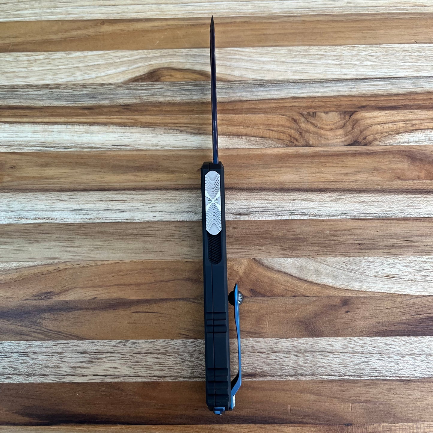 Microtech Signature Series Marfione Select Blued Baker Forge S/E Coppermai Damascus Cypher II Gen III 3.25" OTF w/ Hefted Black Aluminum Handle & Tritium Insert