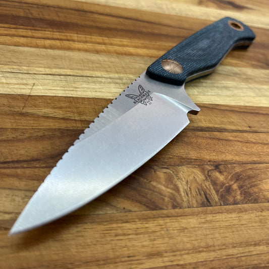 Benchmade Dacian 3.25" Fixed Blade w/ Blue Denim Micarta Handle & Brown Leather/Black Boltaron Sheath