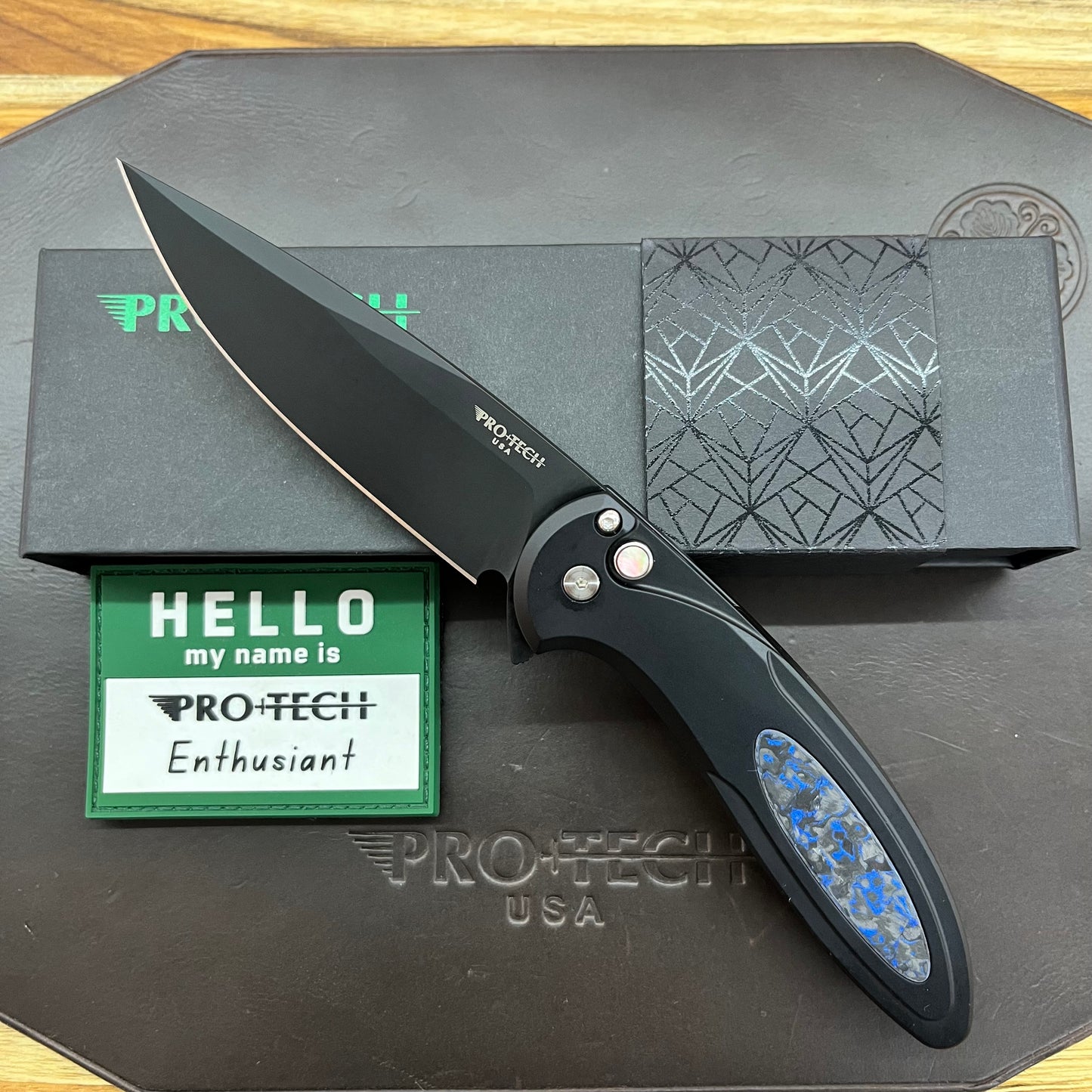 Pro-Tech *Limited Edition* Cambria Flipper 3.5" Folding Knife w/ Black Lip Pearl on Black Aluminum & TechnoCarbo Blue Inlay