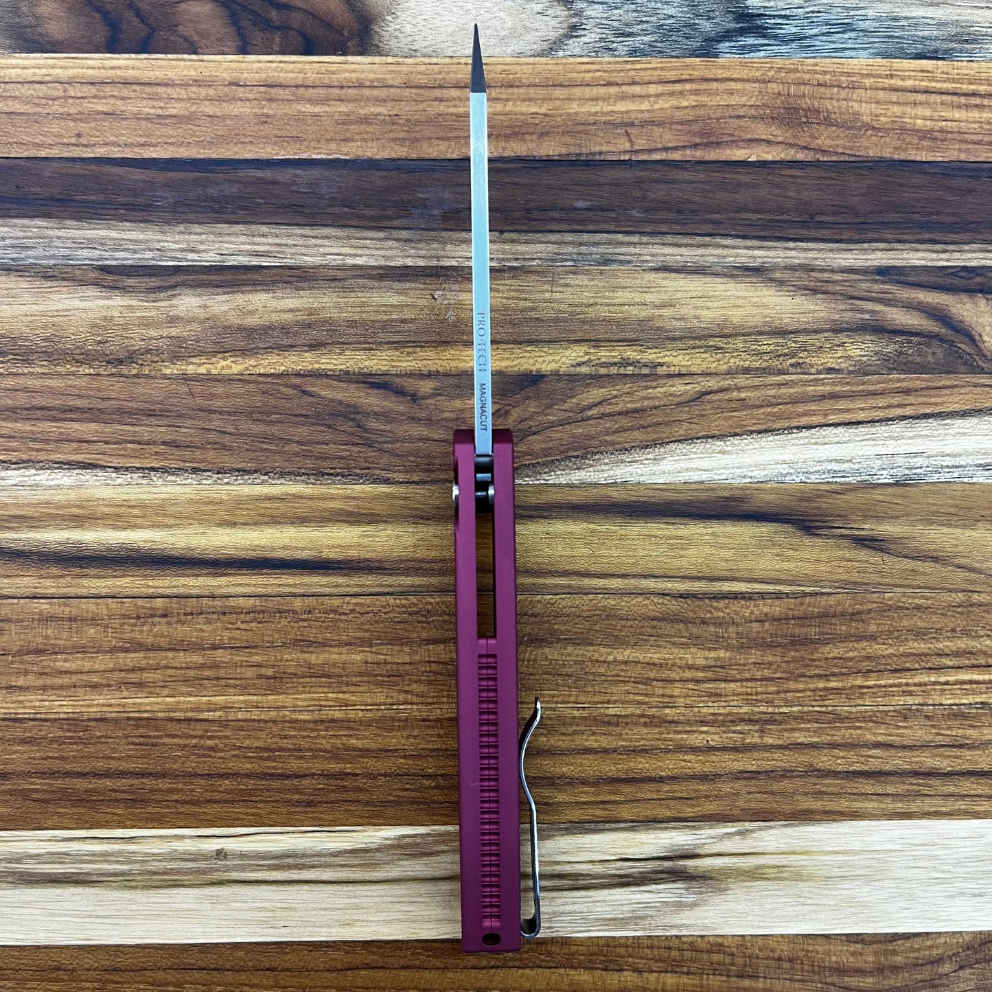 Pro-Tech *Limited Edition* Malibu 3.25" Flipping Knife w/ Pearl Button & Red Textured Aluminum Handle