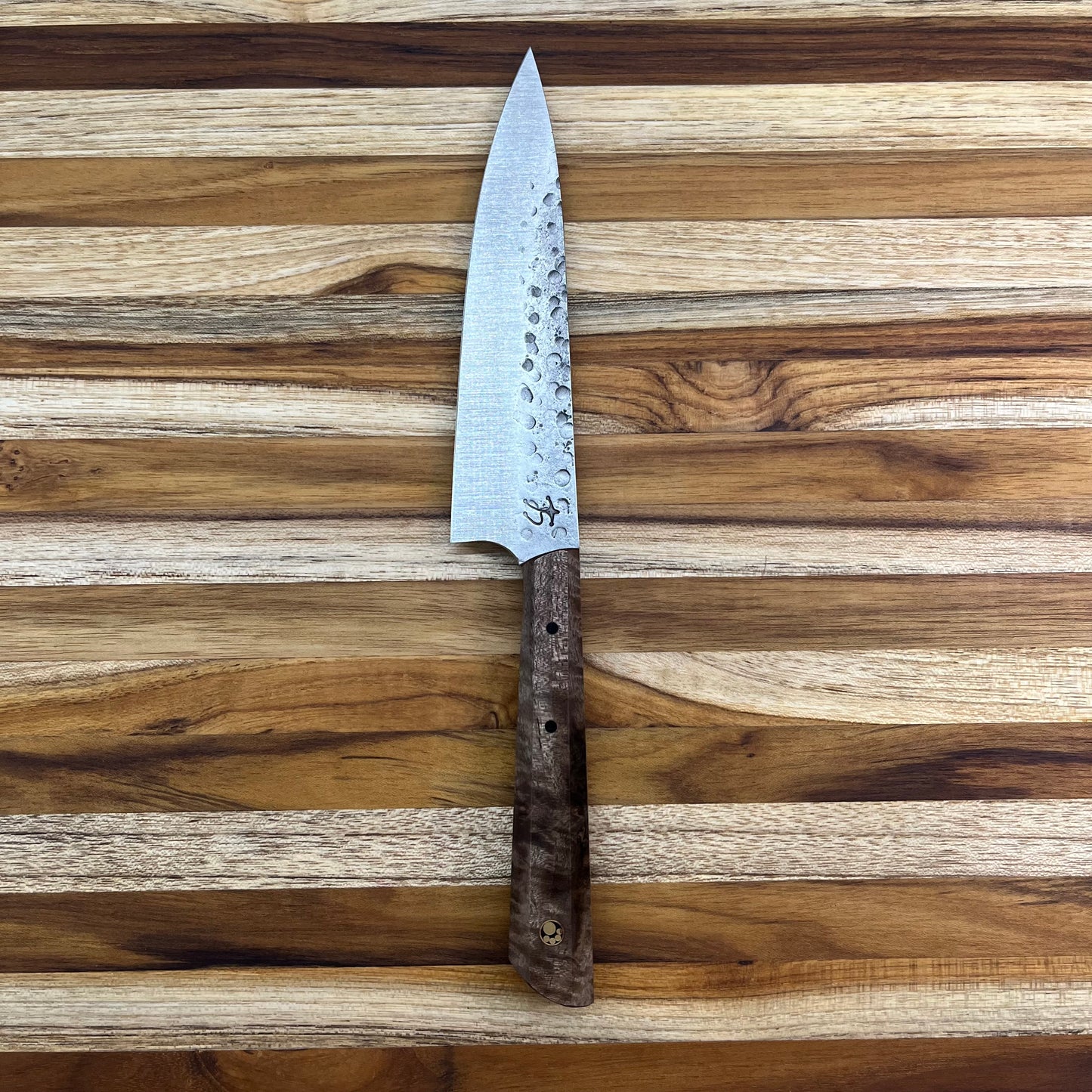 Running Man Forge Custom 150mm (6") Thin Forged Petty w/ Brown Maple Burl Handle & Gold Mosaic Inlay