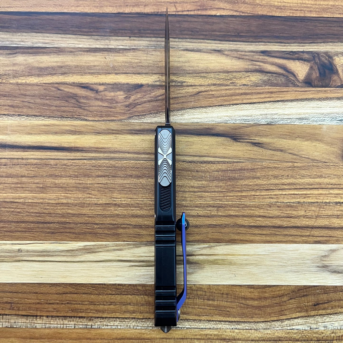 Microtech UTX-85 Gen III D/E 3" OTF Marfione Select Blued Baker Forge Coppermai Damascus w/ Purple Titanium Accent