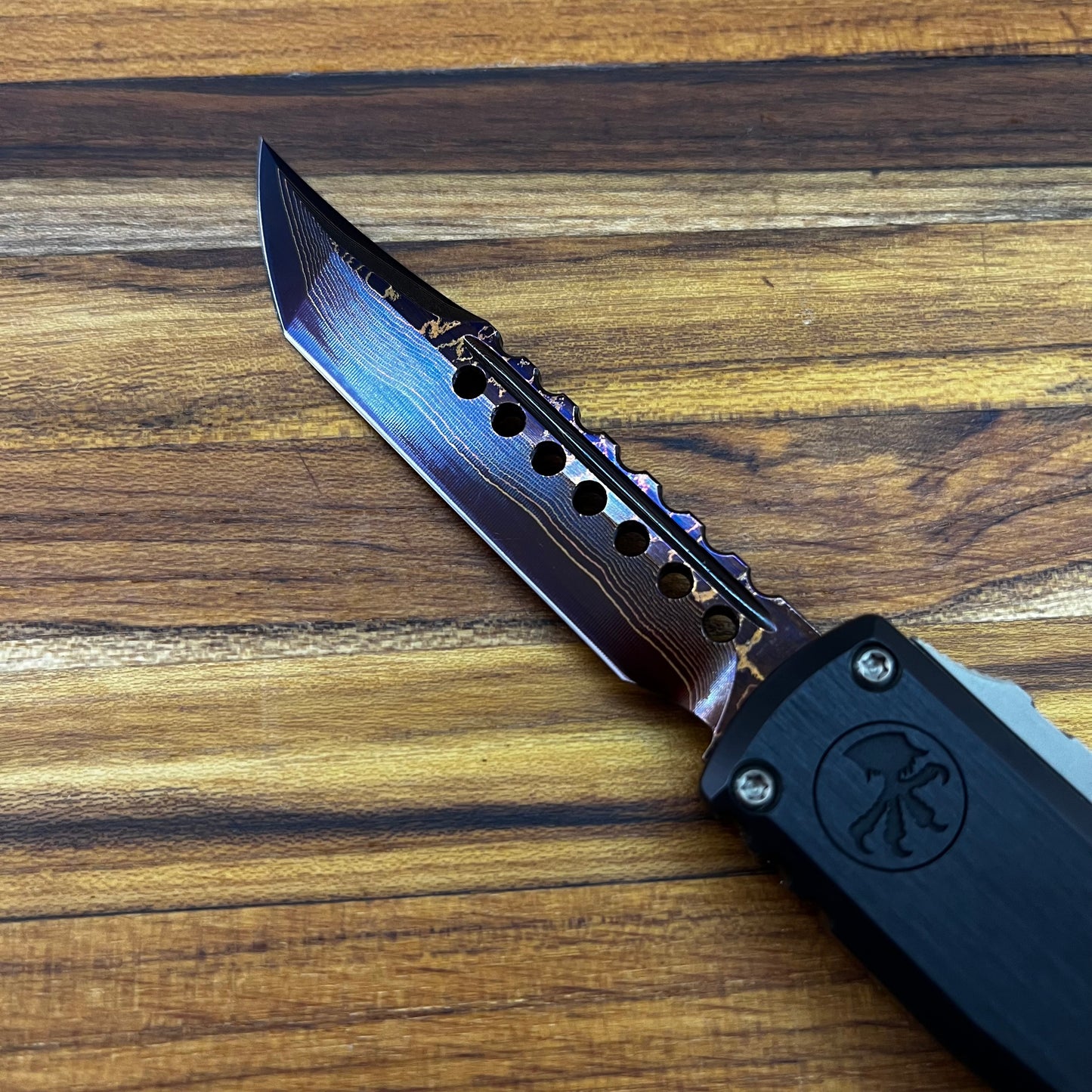 Microtech Ultratech Gen III Hellhound 4" OTF Marfione Select Blued Baker Forge Coppermai Damascus w/ Purple Titanium Accent
