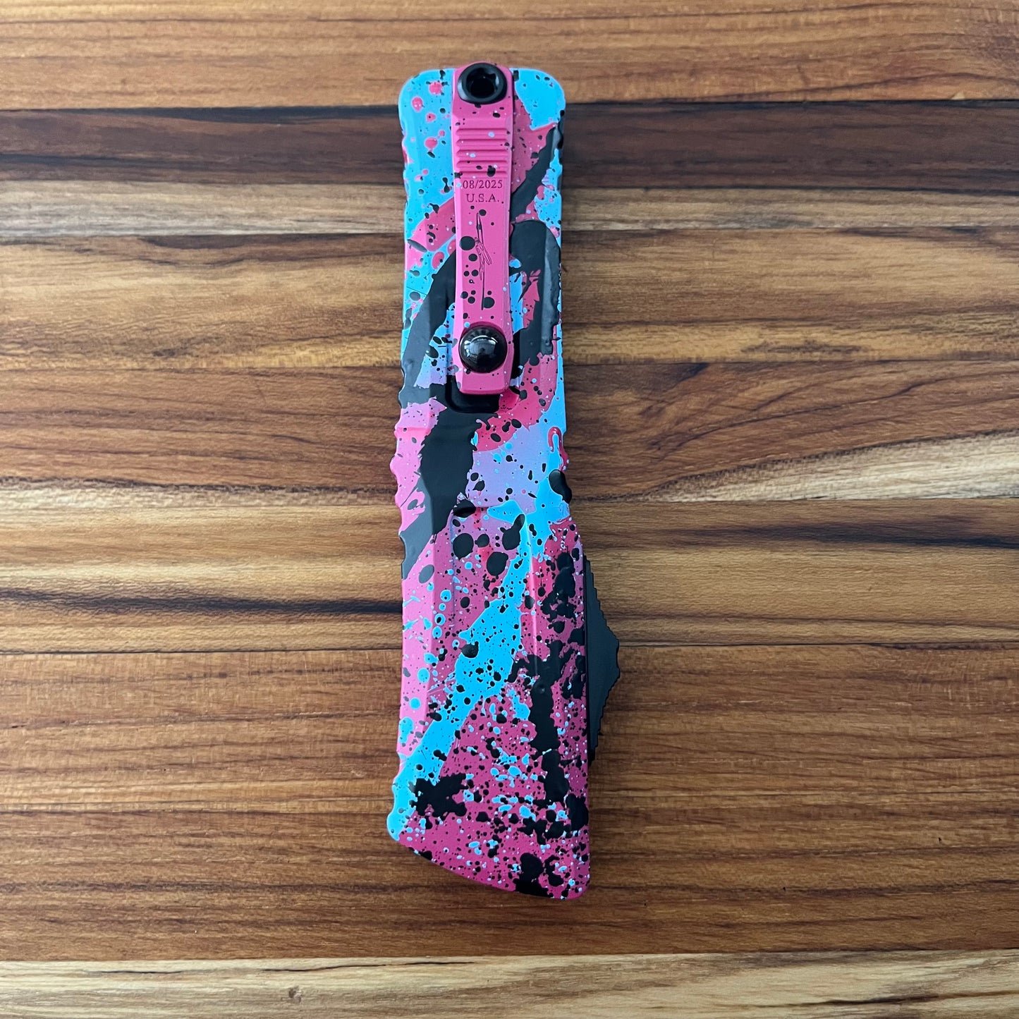 Microtech Combat Troodon Gen III D/E 4" OTF w/ Pink/Blue Black Splatter Aluminum Handle