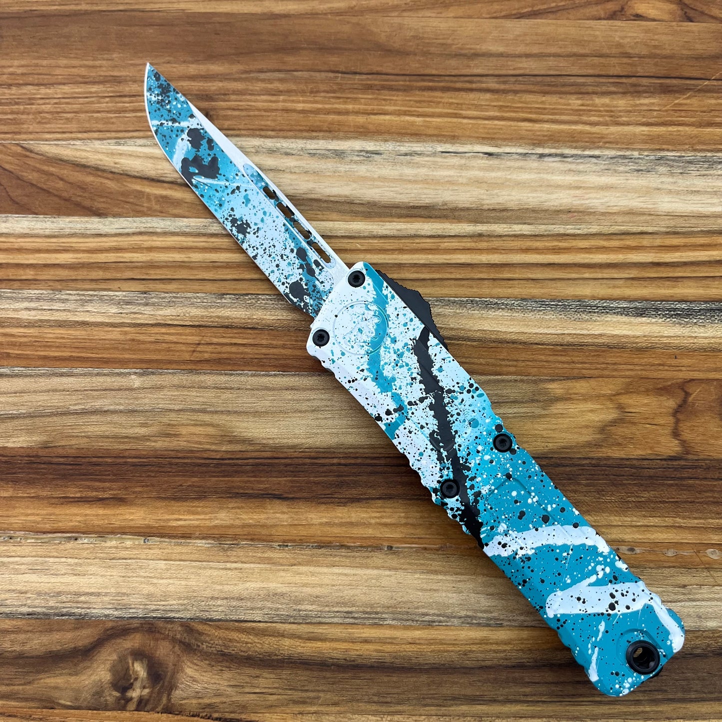 Microtech Combat Troodon Gen III S/E 4" OTF w/ Turquoise/White Black Splatter Aluminum Handle
