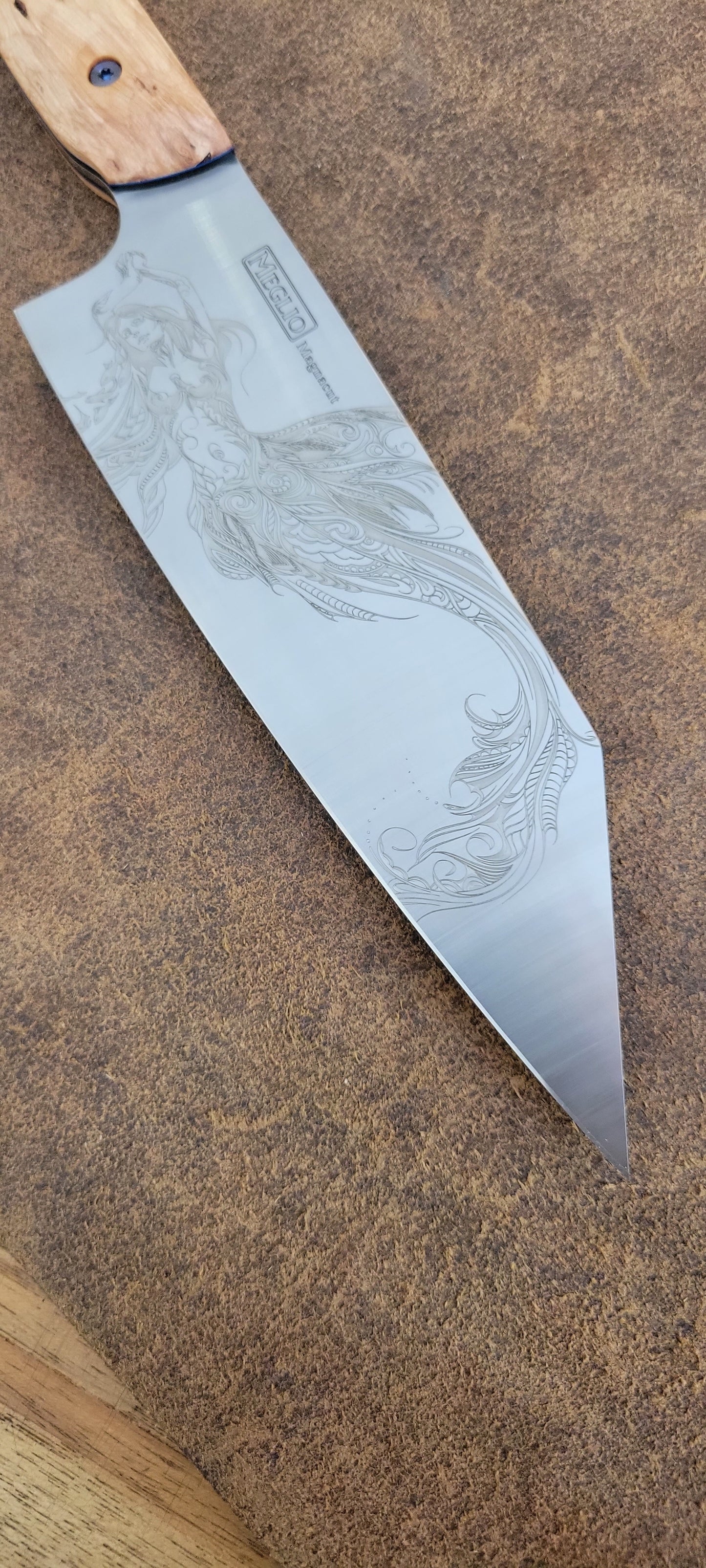 Meglio Semi-Custom 6.5" Satin Kiritsuke w/ Lasered Calypso & White Suspended Resin on Buckeye Burl