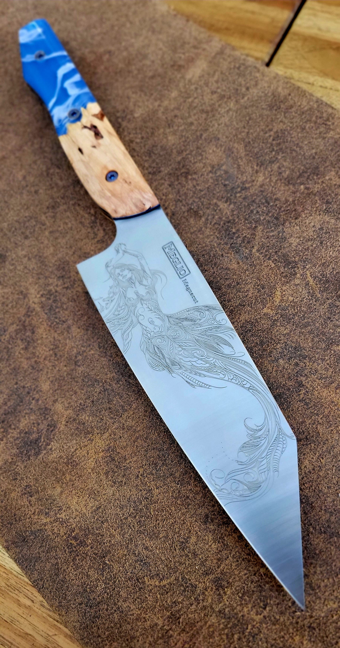 Meglio Semi-Custom 6.5" Satin Kiritsuke w/ Lasered Calypso & White Suspended Resin on Buckeye Burl