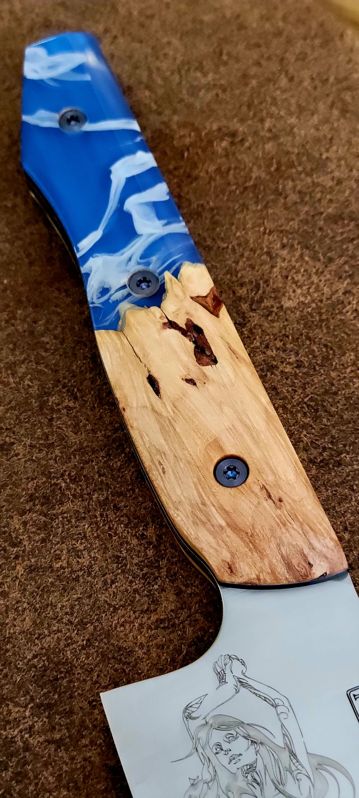 Meglio Semi-Custom 6.5" Satin Kiritsuke w/ Lasered Calypso & White Suspended Resin on Buckeye Burl