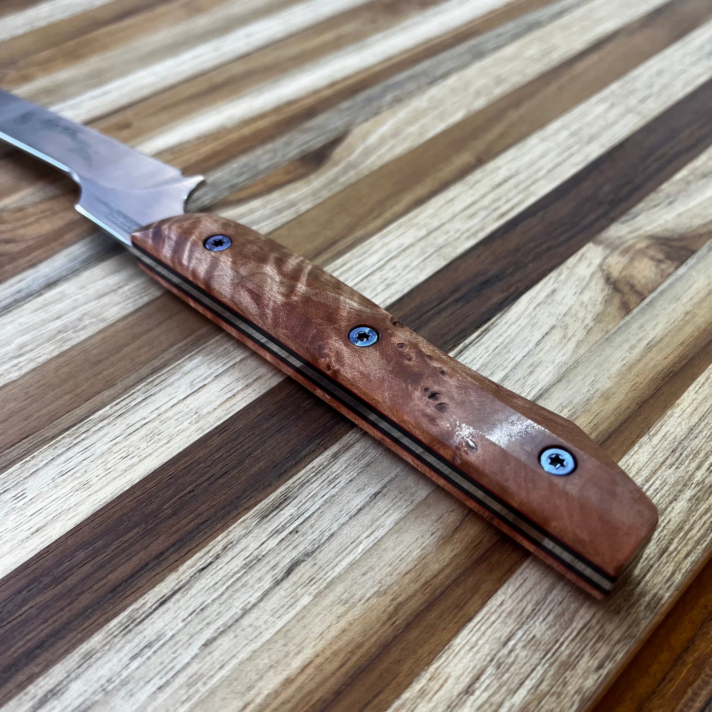 Meglio Semi-Custom 8" Satin Offset Fillet Knife w/ Lasered Hammerhead & Birdseye Maple Handle