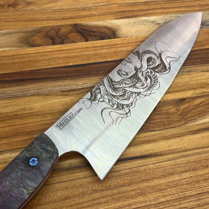Meglio Blade Show Semi-Custom 8" CD#1 Satin Gyuto 2.0 w/ Lasered Medusa & Tie-Dye Box Elder Handle
