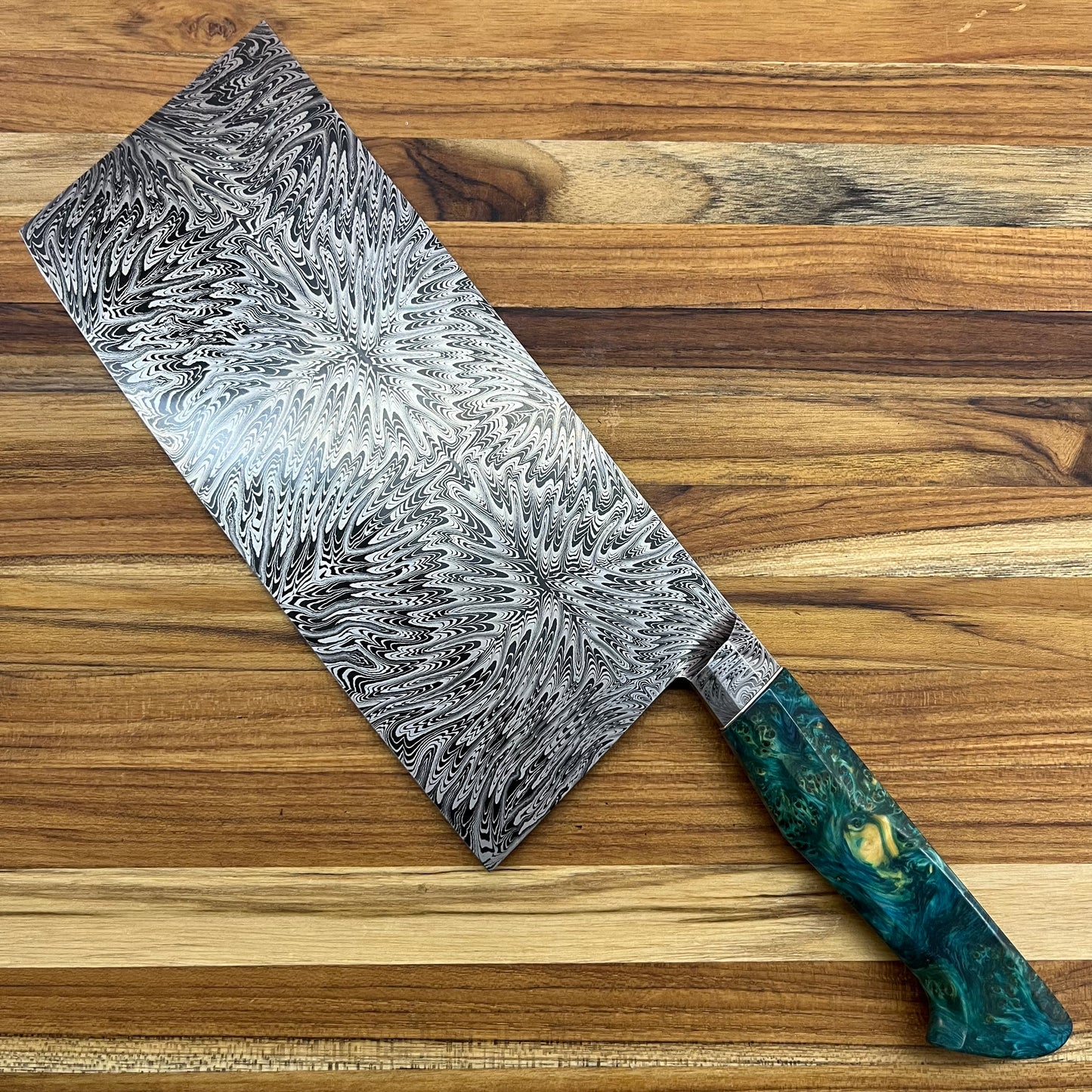 Patterson Forge Custom 215mm (8.5") Vegetable Cleaver w/ Mosaic Damascus & Yellow Cedar Handle