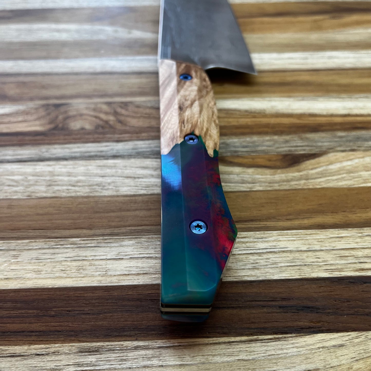 Meglio Semi-Custom 7.5" Satin K-Tip Gyuto w/ Lasered Abstract Beauty & Maple Burl and Electric Resin Handle