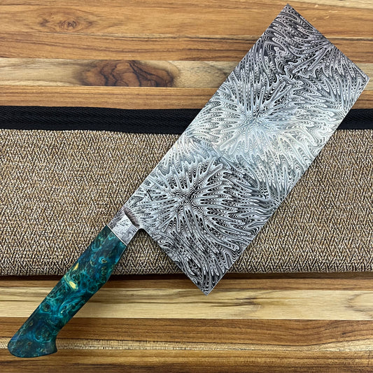 Patterson Forge Custom 215mm (8.5") Vegetable Cleaver w/ Mosaic Damascus & Yellow Cedar Handle
