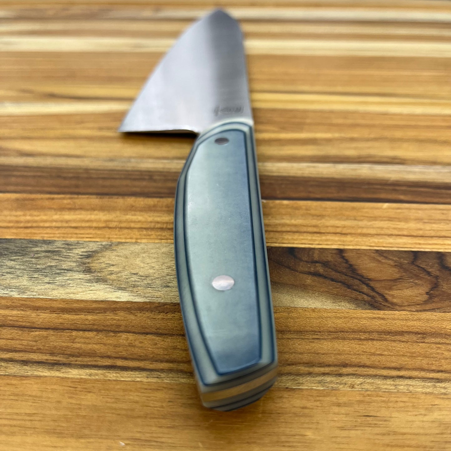 Patterson Forge Semi-Custom 200mm (8") Chef's Knife w/ White & Blue Paper Micarta Handle