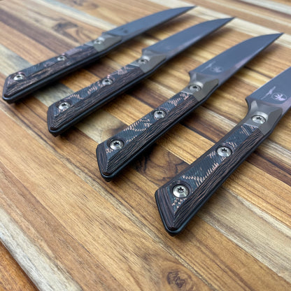 Microtech Signature Series Culinary 4pc DLC Steak Knife Set w/ Bronze Titanium Bolster & Livewire Carbon Fiber Handle