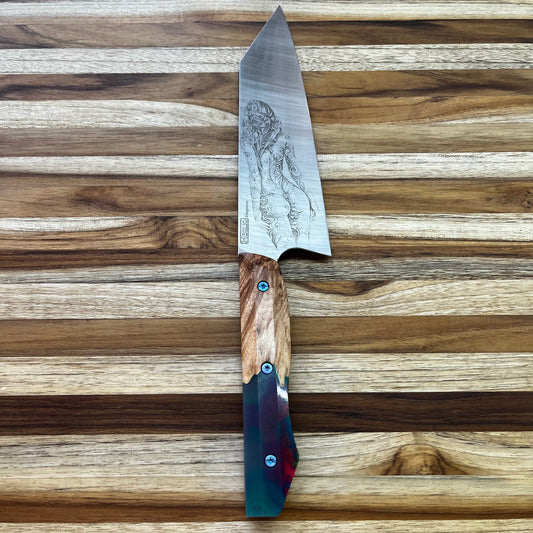 Meglio Semi-Custom 7.5" Satin K-Tip Gyuto w/ Lasered Abstract Beauty & Maple Burl and Electric Resin Handle