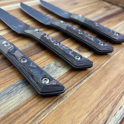 Microtech Signature Series Culinary 4pc DLC Steak Knife Set w/ Bronze Titanium Bolster & Livewire Carbon Fiber Handle
