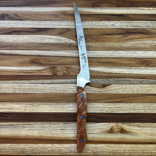 Meglio Semi-Custom 8" Satin Offset Fillet Knife w/ Lasered Hammerhead & Birdseye Maple Handle