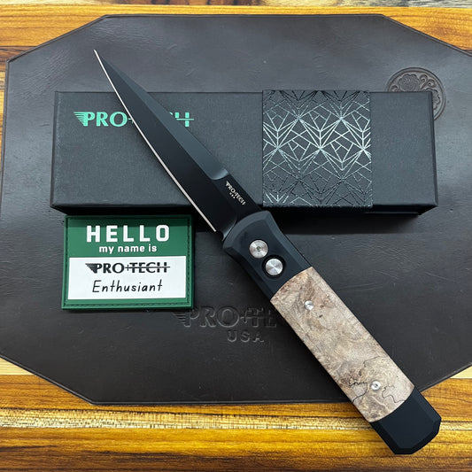 Pro-Tech Godfather 4" Auto w/ Black Aluminum Handle & Maple Burl Wood Inlay