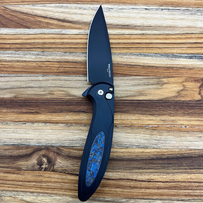 Pro-Tech *Limited Edition* Cambria Flipper 3.5" Folding Knife w/ Black Lip Pearl on Black Aluminum & TechnoCarbo Blue Inlay