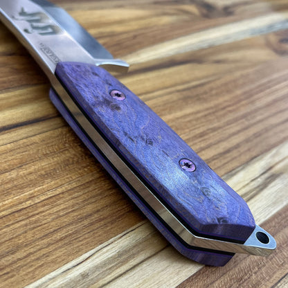 Meglio Blade Show Semi-Custom H-Series 4" Outdoor Kitchen Knife w/ Lasered Pulp Fiction & Purple Bird's Eye Maple Handle