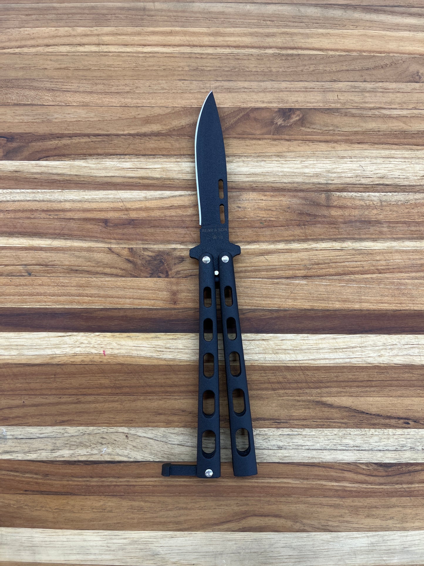 Bear & Son Butterfly Knife 3.5" w/ Black Zinc Handles