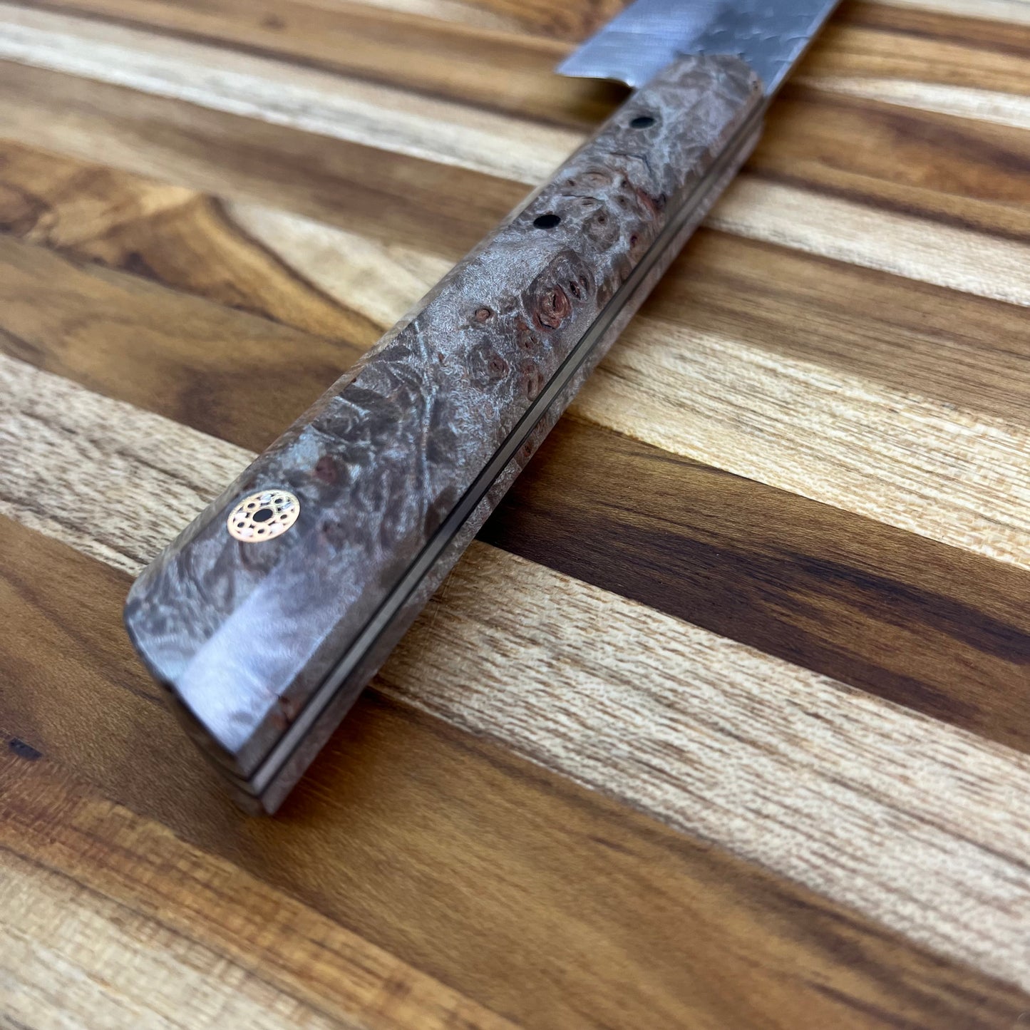 Running Man Forge Custom 150mm (6") Thin Forged Petty w/ Smoky Brown Maple Burl Handle & Gold Mosaic Inlay