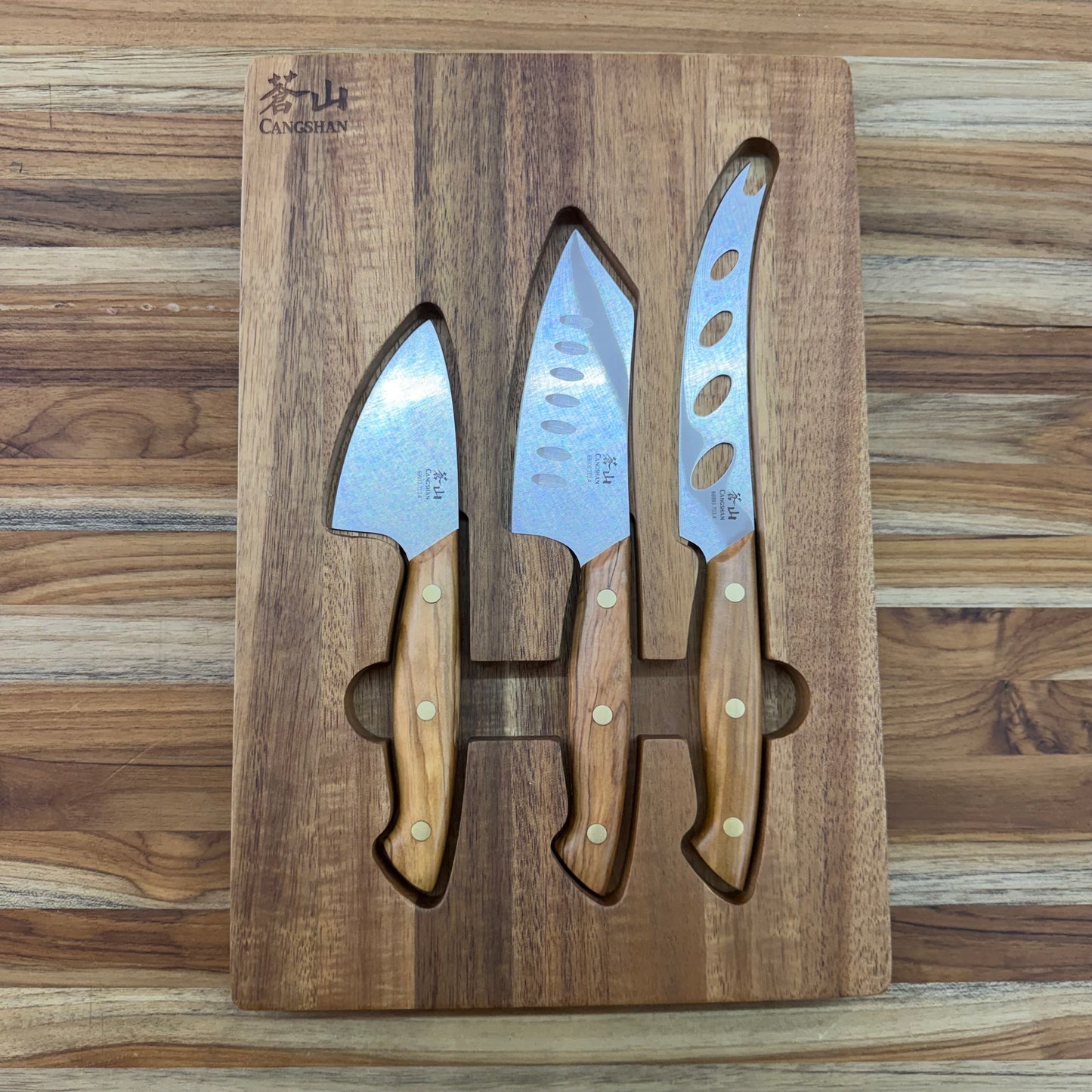 Cangshan Olive Wood 3pc Cheese Knife Set with Acacia Cutting Board