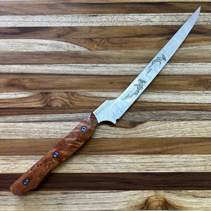 Meglio Semi-Custom 8" Satin Offset Fillet Knife w/ Lasered Hammerhead & Birdseye Maple Handle