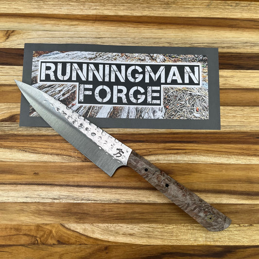 Running Man Forge Custom 150mm (6") Thin Forged Petty w/ Smoky Brown Maple Burl Handle & Gold Mosaic Inlay