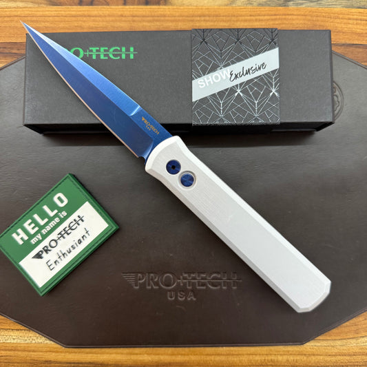 Pro-Tech Blade Show Godfather 4" Auto w/ Sapphire Blade & Satin Silver Aluminum Handle