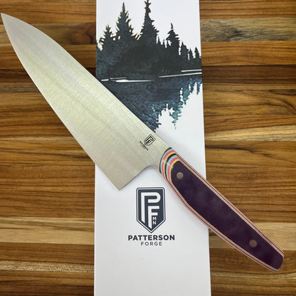 Patterson Forge Semi-Custom 200mm (8") Chef's Knife w/ Purple Multi-Colored G10 Handle
