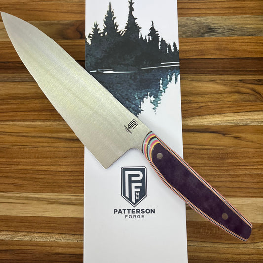 Patterson Forge Semi-Custom 200mm (8") Chef's Knife w/ Purple Multi-Colored G10 Handle