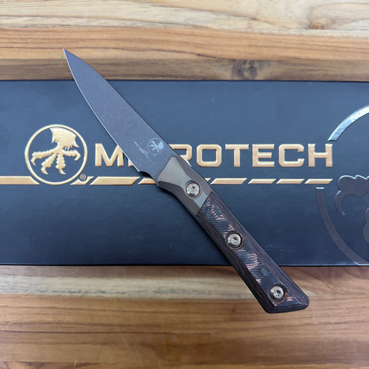 Microtech Signature Series Culinary 3.5" DLC Paring Knife w/ Bronze Titanium Bolster & Livewire Carbon Fiber Handle